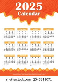 2025 Monthly calendar template. minimalist desk calendar. Diary planner for 2025. Week starts on Sunday, corporate design planner template. Set of 12 months.