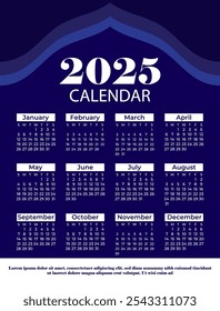2025 Monthly calendar template. minimalist desk calendar. Diary planner for 2025. Week starts on Sunday, corporate design planner template. Set of 12 months.