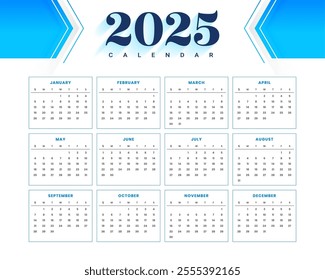 2025 monthly printable calendar template in white blue vector