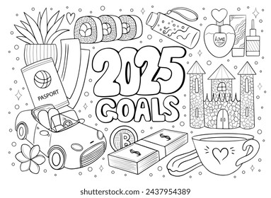 2025 mood board goals to dream life and success antistress coloring page for adults. Manifesting happiness coloring sheet