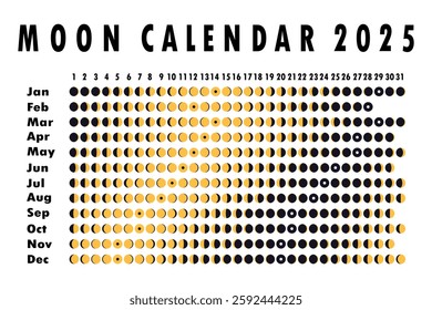 2025 Moon calendar. Astrological calendar design. planner. Place for stickers. Month cycle planner mockup. Isolated black and white background.