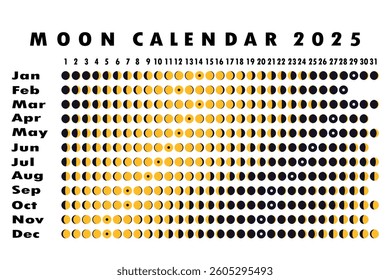 2025 Moon calendar. Astrological calendar design. planner. Place for stickers. Month cycle planner mockup. Isolated black and white background.