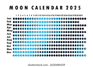 2025 Moon calendar. Astrological calendar design. planner. Place for stickers. Month cycle planner mockup. Isolated black and white background.