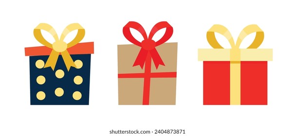 2025 mehrfarbige Geschenkbox mit goldenem Bandgeschenkbogen. Weihnachtsdekoration im Flachstil Vektorgrafik