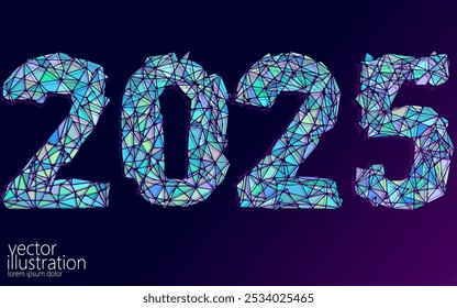 2025 neon holographic color numbers New Year banner. Winter holiday greeting card connected line triangles template. Glowing vector illustration
