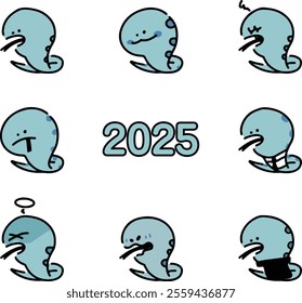 2025 New Blue Snake Year, Snake Year Characters, Snake Characters, Holiday New, Card of the Year, 뱀