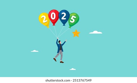 2025 new hope, hope of career development progress in 2025, new year hope for success in business, growing journey to achieve business success, businessman flying with 2025 balloons to reach star
