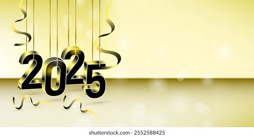 2025 novo ano 3d dourado efeito de texto preto com fundo dourado bonito bokeh fundo brilhante para saudação, banner, cartaz ou uso da web , ele contém máscara de corte