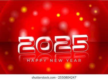 2025 novo ano 3d brilhante efeito de texto vermelho com vermelho bonito bokeh fundo brilhante para saudação, banner, cartaz ou uso da web , ele contém máscara de corte