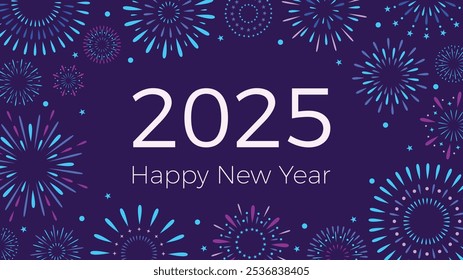 2025 cartão abstrato Ano Novo com fogos de artifício sobre fundo roxo. Cartaz explosivo de fogos de artifício do festival. Estilo simples plano. Conceito de design para banner de férias, cartaz, folheto, cartão de saudação