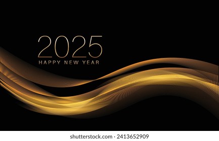 2025 New year with Abstract shiny color gold wave design element and glitter effect on dark background. For Calendar, poster design