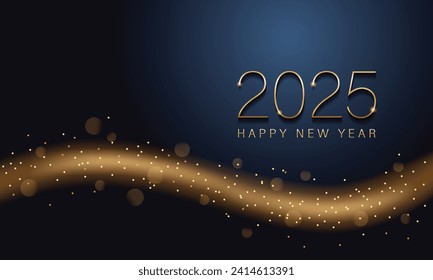 2025 New year with Abstract shiny color gold wave design element and glitter effect on dark background. For Calendar, poster design