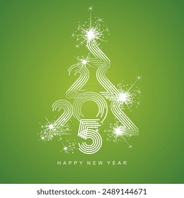 2025 New Year abstract silver Christmas tree made by multiply line design 2025 year numbers shining sparkle firework green background greeting card.ai