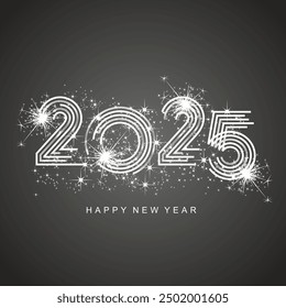 2025 New Year abstract silver multiply line design of 2025 year numbers shining glitter sparkle firework black background greeting card