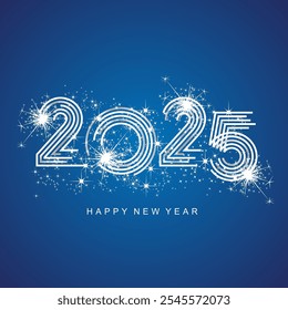 2025 New Year abstract silver multiply line design of 2025 year numbers shining glitter sparkle firework blue background greeting card