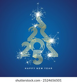 2025 New Year abstract white golden Christmas tree made by multiply line design 2025 year numbers shining sparkle firework blue background greeting card