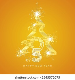 2025 New Year abstract white yellow Christmas tree made by multiply line design 2025 year numbers shining sparkle firework orange yellow background greeting card