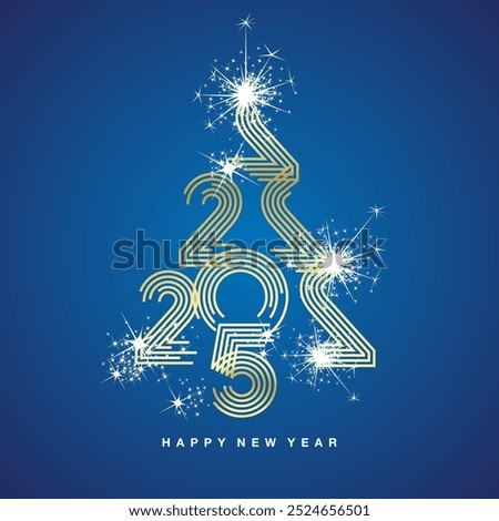 2025 New Year abstract white golden Christmas tree made by multiply line design 2025 year numbers shining sparkle firework blue background greeting card