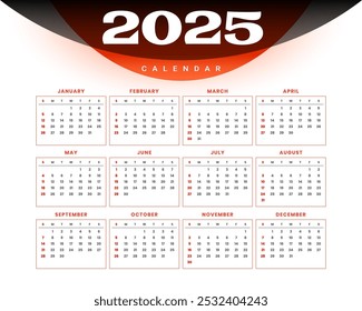 2025 new year annual calendar template full page printable design vector