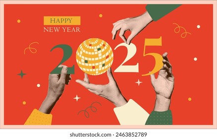 2025 New year art collage banner with halftone hands holding disco ball and cut out numbers. Trendy muted retro vector illustration