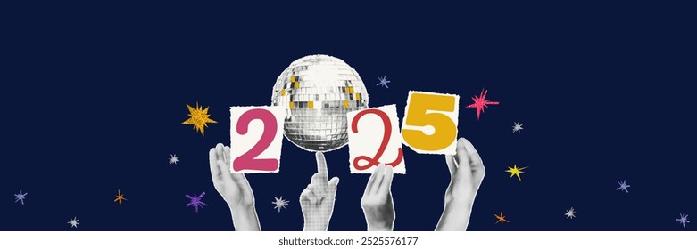 2025 New year art collage banner with halftone hands holding disco ball and cut out numbers isolated on dark blue background with glitter irregular stars . Modern retro vector illustration