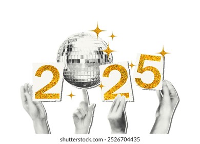 2025 New year arte colagem adesivo moda ou modelo de banner isolado no fundo transparente. Mãos de meio-tom segurando bola de disco e cortar números de ouro glitter. Ilustração vetorial retrô moderna