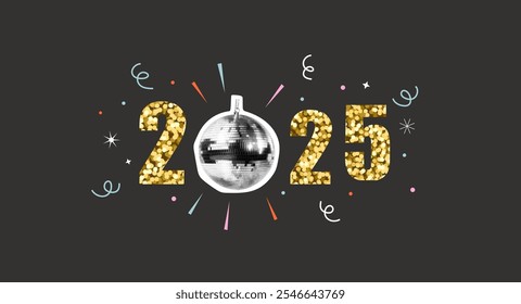 2025 Neujahrskunst-Collage-Banner mit goldenen Glitzernummern, Halbton-Disco-Ball, fliegenden Sternen, Schneeflocken, Serpentin einzeln auf schwarzem Hintergrund. Moderne Retro-Vektorgrafik