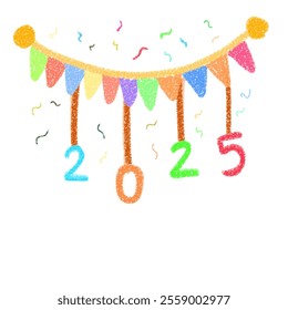 2025 new year art font with party bunting and confetti in hand drawn style