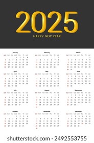 2025 new year asian chinese. Calendar Template. Golden numbers. Wall Calendar Planner Organizer for print. Vector illustration.