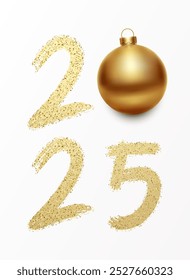 2025 new year background poster with golden painted brush numbers with sparkles and christmas ball.  Banner vector celebration design. Holiday greetings and new year's eve events