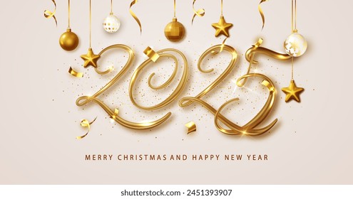 2025 New Year banner with 3D gold numbers and hanging ornaments. Christmas and New Year banner festive season banner.