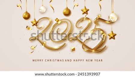 2025 New Year banner with 3D gold numbers and hanging ornaments. Christmas and New Year banner festive season banner.