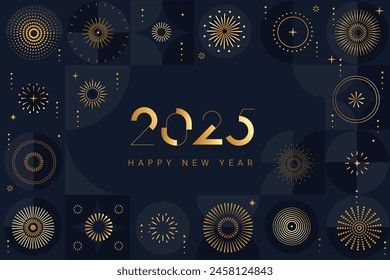 2025 New Year banner with abstract golden fireworks and numbers on dark night background. Modern design greeting card with geometric pattern backgdrop for cover, poster, web. Vector illustration.