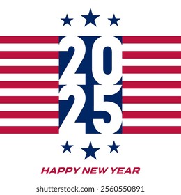 2025 New Year Banner with American Flag Colors. Patriotic USA Holiday Design with Stars and Stripes for Celebration Cards, Social Media, and Web Headers. American-Style Holiday Banner.