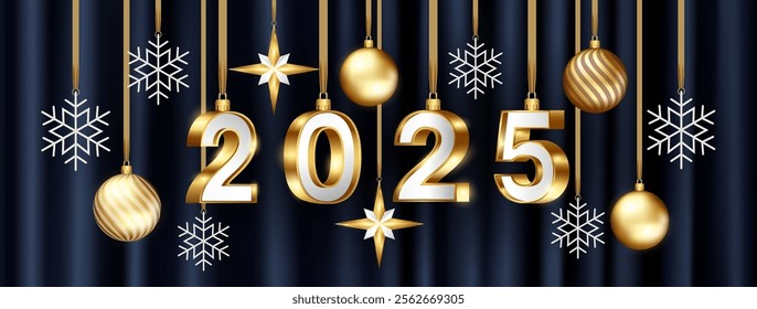 2025 new year banner background with golden shiny hanging ornament ball and snowflake decoration, vector design