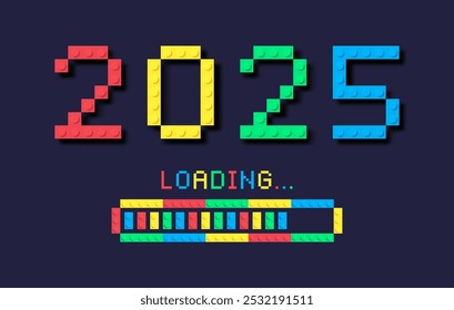 2025 New Year banner design with plastic brick text. 2025 numbers in colored toy blocks style and loading bar. Happy New Year holiday card with colourful construction toy bricks or blocks. Vector.