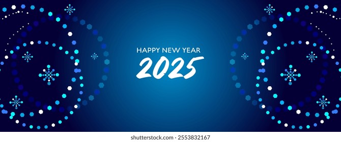 2025 New Year banner. Festive blue background with light decoration. Template with sparkling garlands and snowflakes.