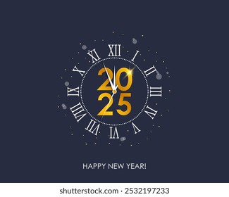 2025 New Year banner with gold vintage clock and Roman numerals. 2025 New Year and Merry Christmas card with golden numbers and clock-face dial and decorations. Vector illustration.