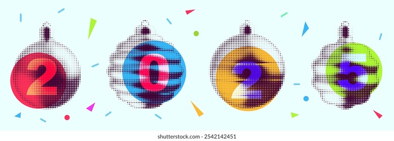 2025 new year banner with holiday toys in pop art retro style. Festive modern college. Vector illustration.