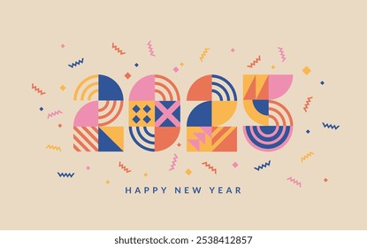 2025 New Year banner with isolated numbers from simple geometric shapes and figures inside confetti. Template for greeting card, invitation, poster, flyer, web. Vector illustration.