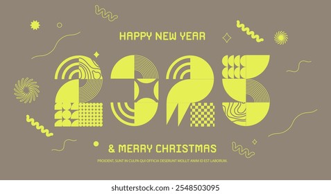 2025 New Year banner with isolated numbers from simple geometric shapes and figures. Template for greeting card, invitation, poster, flyer, web. Vector illustration.