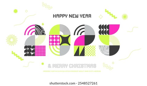 2025 New Year banner with isolated numbers from simple geometric shapes and figures. Template for greeting card, invitation, poster, flyer, web. Vector illustration.