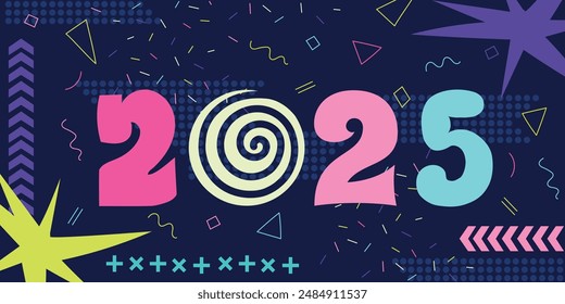 2025 New year banner in retro y2k aesthetic. 2025 letters in 90 style. Trendy background for banner, poster or card. Vector illustration