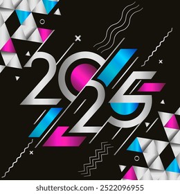 2025 new year banner with silver black background. happy new year greeting card cover with shiny, silver color waves lines. Premium Elite royal elegant 2025 design pink blue. Cyberpunk Vector 
