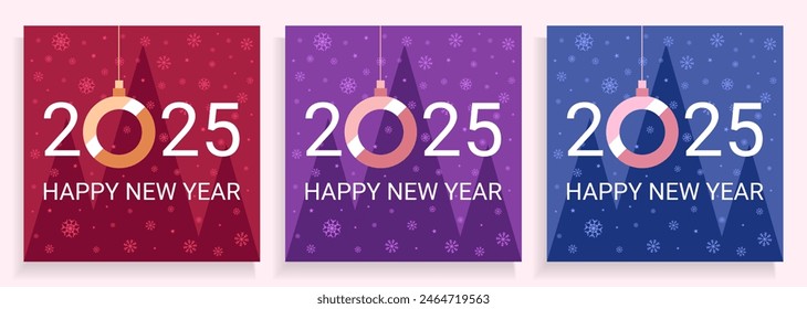 2025 New Year banners, greeting, party invitations, graphic templates with flat fir trees, text greetings, stars and snowflakes decorations. Holiday backgrounds, vector illustration.