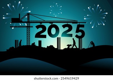 2025 Año Nuevo Principio Sol que sube Diseño de Vector de construcción con silueta de obreros, herramientas de construcción y texto 2025 con luz de luna en la parte posterior, diseño de mano de obra con concepto 2025, contiene 