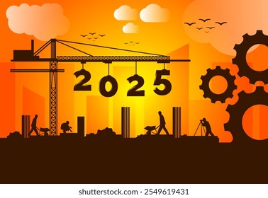 2025 Año Nuevo Principio Sol que sube Diseño de Vector de construcción con silueta de obreros, herramientas de construcción y texto 2025, diseño laboral con concepto 2025, contiene máscara de recorte