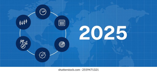 2025 new year blue map futuristic technology trend company target icon set calendar forecast