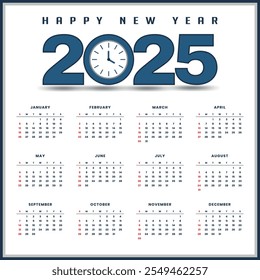 2025 new year calendar design with classic clock and blue theme