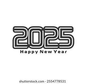 2025 New Year calendar number or date font for winter holiday, vector icon. 2025 number and Happy New Year greeting text in creative double line and outline design for calendar page, poster or banner